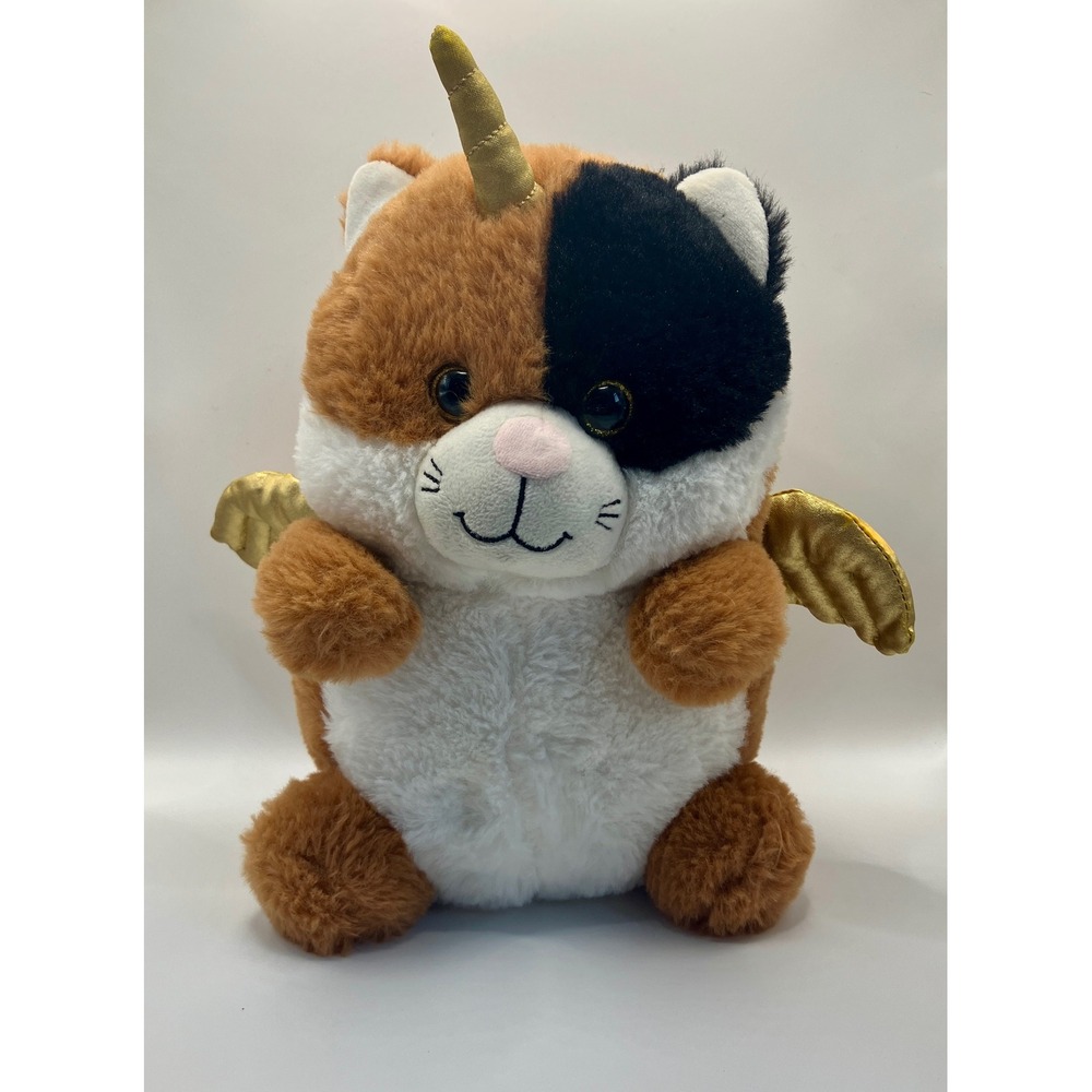 Kellytoy 12" Calico Cat Unicorn Pegasus Plush Gold Horn Wings Used Condition